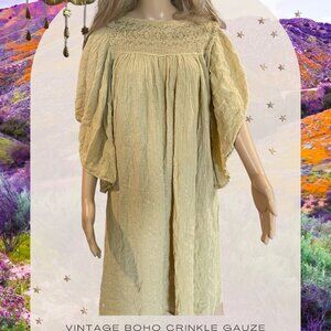 Vintage Gold Boho Crinkle Gauze Smocked Dress | Metallic Thread Angel Sleeve Max